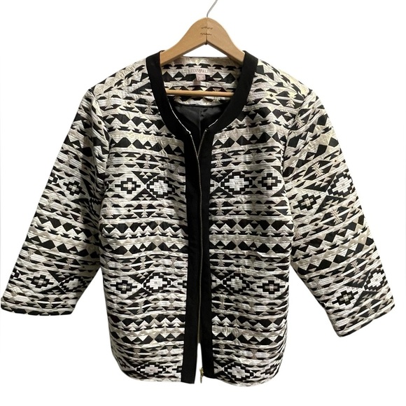 🖤🤍GORGEOUS Roz & Ali Black, Gold and Cream Geometric zip front jacket size 2X. - Picture 2 of 8